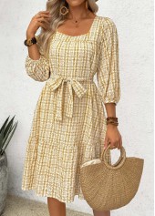 Yellow Tummy Coverage Plaid Belted 3/4 Sleeve Dress | thumb picture 