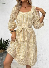 Yellow Tummy Coverage Plaid Belted 3/4 Sleeve Dress | thumb picture 