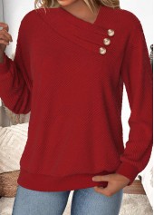 Wine Red Button Long Sleeve Asymmetrical Neck Sweatshirt