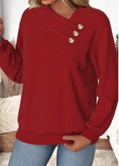 Wine Red Button Long Sleeve Asymmetrical Neck Sweatshirt | thumb picture 
