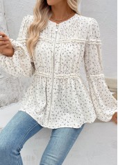 Beige Peplum Ditsy Floral Print Long Sleeve Blouse