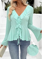 Mint Green Peplum Long Sleeve V Neck Blouse