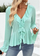 Mint Green Peplum Long Sleeve V Neck Blouse | thumb picture 
