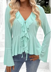 Mint Green Peplum Long Sleeve V Neck Blouse | thumb picture 