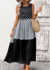 Black Tummy Coverage Polka Dot Sleeveless Round Neck Dress