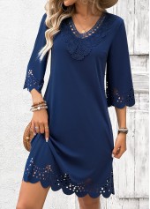 Navy Tummy Coverage Geometric Print Short 3/4 Sleeve Dress