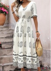 White Bohemian Print Tummy Coverage Short Sleeve Dress