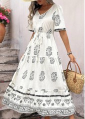White Bohemian Print Tummy Coverage Short Sleeve Dress | thumb picture 