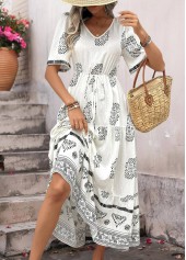 White Bohemian Print Tummy Coverage Short Sleeve Dress | thumb picture 