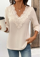 Beige Patchwork Long Sleeve V Neck T Shirt