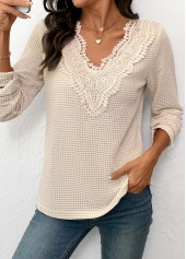 Beige Patchwork Long Sleeve V Neck T Shirt | thumb picture 