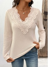 Beige Patchwork Long Sleeve V Neck T Shirt | thumb picture 