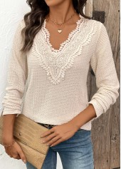 Beige Patchwork Long Sleeve V Neck T Shirt | thumb picture 