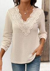 Beige Patchwork Long Sleeve V Neck T Shirt | thumb picture 