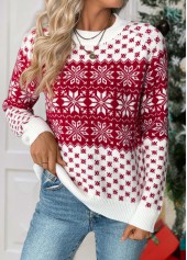 Christmas Wine Red Tummy Coverage Snowflake Print Sweater