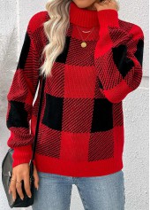 Red Tummy Coverage Plaid Long Sleeve High Neck Sweater