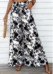 Beige Pocket Plants Print Wide Leg Elastic Waist Pants