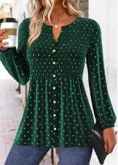 Green Peplum Polka Dot Long Sleeve Split Neck Blouse