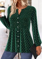 Green Peplum Polka Dot Long Sleeve Split Neck Blouse | thumb picture 