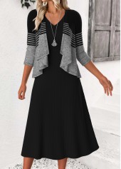 Black Tummy Coverage Striped 3/4 Sleeve Dress and Cardigan