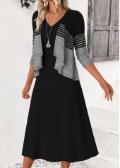 Black Tummy Coverage Striped 3/4 Sleeve Dress and Cardigan | thumb picture 
