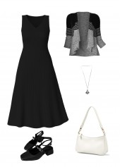 Black Tummy Coverage Striped 3/4 Sleeve Dress and Cardigan | thumb picture 