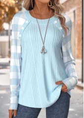 Light Blue Tummy Coverage Plaid Long Sleeve T Shirt