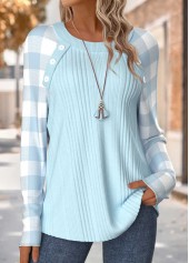 Light Blue Tummy Coverage Plaid Long Sleeve T Shirt