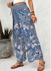 Blue Floral Print Wide Leg Elastic Waist Pants | thumb picture 