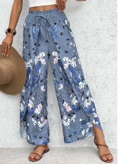 Blue Floral Print Wide Leg Elastic Waist Pants