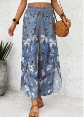 Blue Floral Print Wide Leg Elastic Waist Pants | thumb picture 