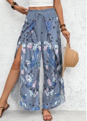 Blue Floral Print Wide Leg Elastic Waist Pants | thumb picture 