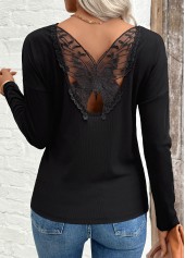 Black Patchwork Long Sleeve Round Neck T Shirt