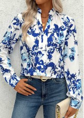 White Plants Print Long Sleeve Split Neck Blouse | thumb picture 