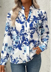 White Plants Print Long Sleeve Split Neck Blouse