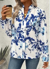 White Plants Print Long Sleeve Split Neck Blouse | thumb picture 