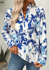 White Plants Print Long Sleeve Split Neck Blouse | thumb picture 