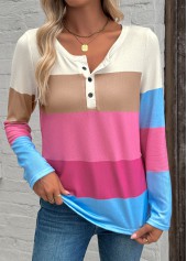 Multi Color Button Long Sleeve Round Neck T Shirt
