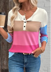 Multi Color Button Long Sleeve Round Neck T Shirt | thumb picture 