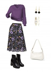 Dusty Purple Tummy Coverage Floral Print Top and Skirt | thumb picture 