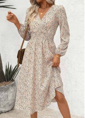 Multi Color Wrap Ditsy Floral Print Long Sleeve Dress