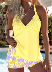 Tummy Coverage Mid Waisted Plants Print Yellow Tankini Set