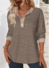 Gray Brown Tummy Coverage Long Sleeve Split Neck Sweatshirt