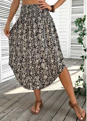Black Floral Print A Line Elastic Waist Skirt
