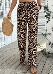 Light Coffee Pocket Leopard Wide Leg Elastic Waist Pants | thumb picture 