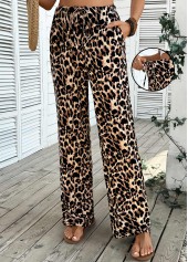 Light Coffee Pocket Leopard Wide Leg Elastic Waist Pants