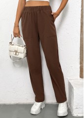 Dark Coffee Pocket Straight Leg Elastic Waist Pants