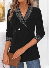 Black Tummy Control Long Sleeve Turn Down Collar Blouse