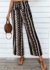 Gray Brown Tribal Print Wide Leg Elastic Waist Pants