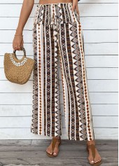 Light Coffee Tribal Print Wide Leg Elastic Waist Pants